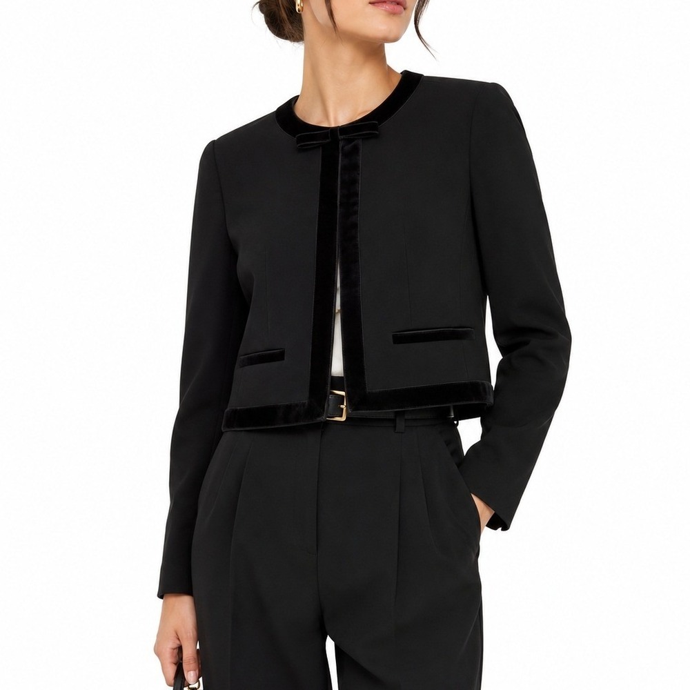 J.Crew Blazer Womens 00 Black Velvet Trim Cropped Lady Jacket Bow Accent NWT